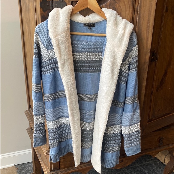 Lety & Me Helsa Stitch Fix Blue Gray Cream Sherpa hooded open front cardigan M - Picture 1 of 7